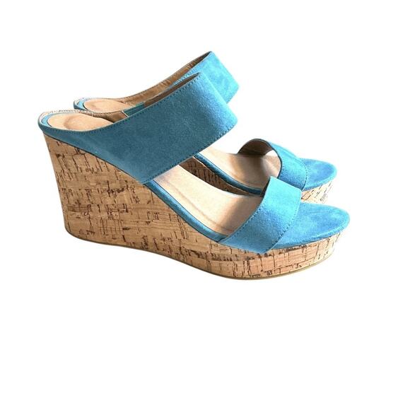 LANE BRYANT Sz 11WTurquoise Suede Sandal Wedge Shoe Hawthorn Cork Double Straps - Picture 1 of 10